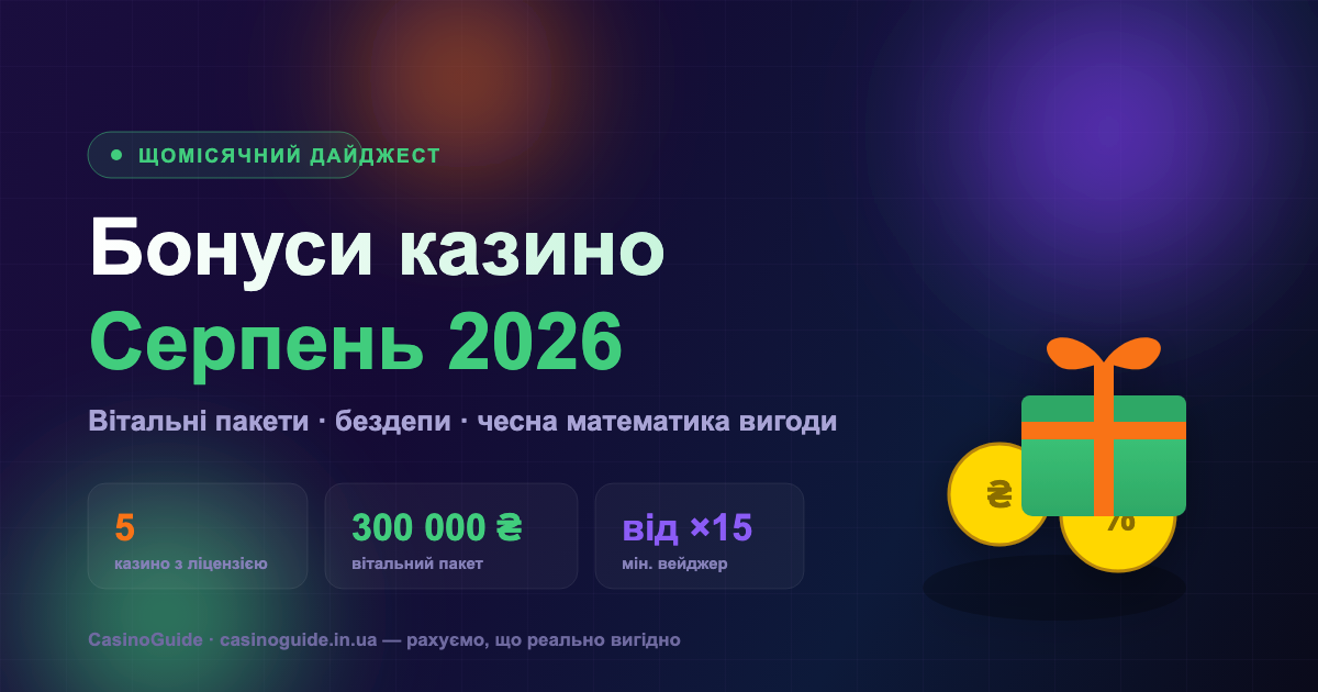 Бонуси казино України у серпні 2026: дайджест вітальних пакетів та бездепозитних фриспінів ліцензійних казино