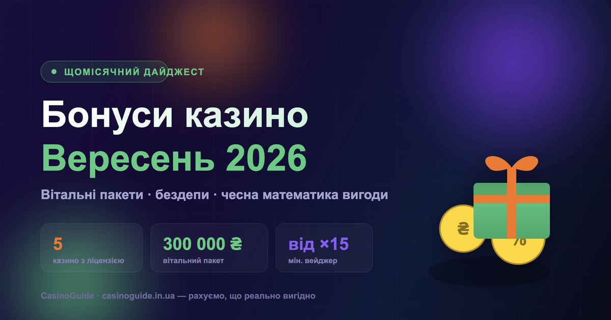 Бонуси казино України у вересні 2026: дайджест вітальних пакетів та бездепозитних фриспінів ліцензійних казино